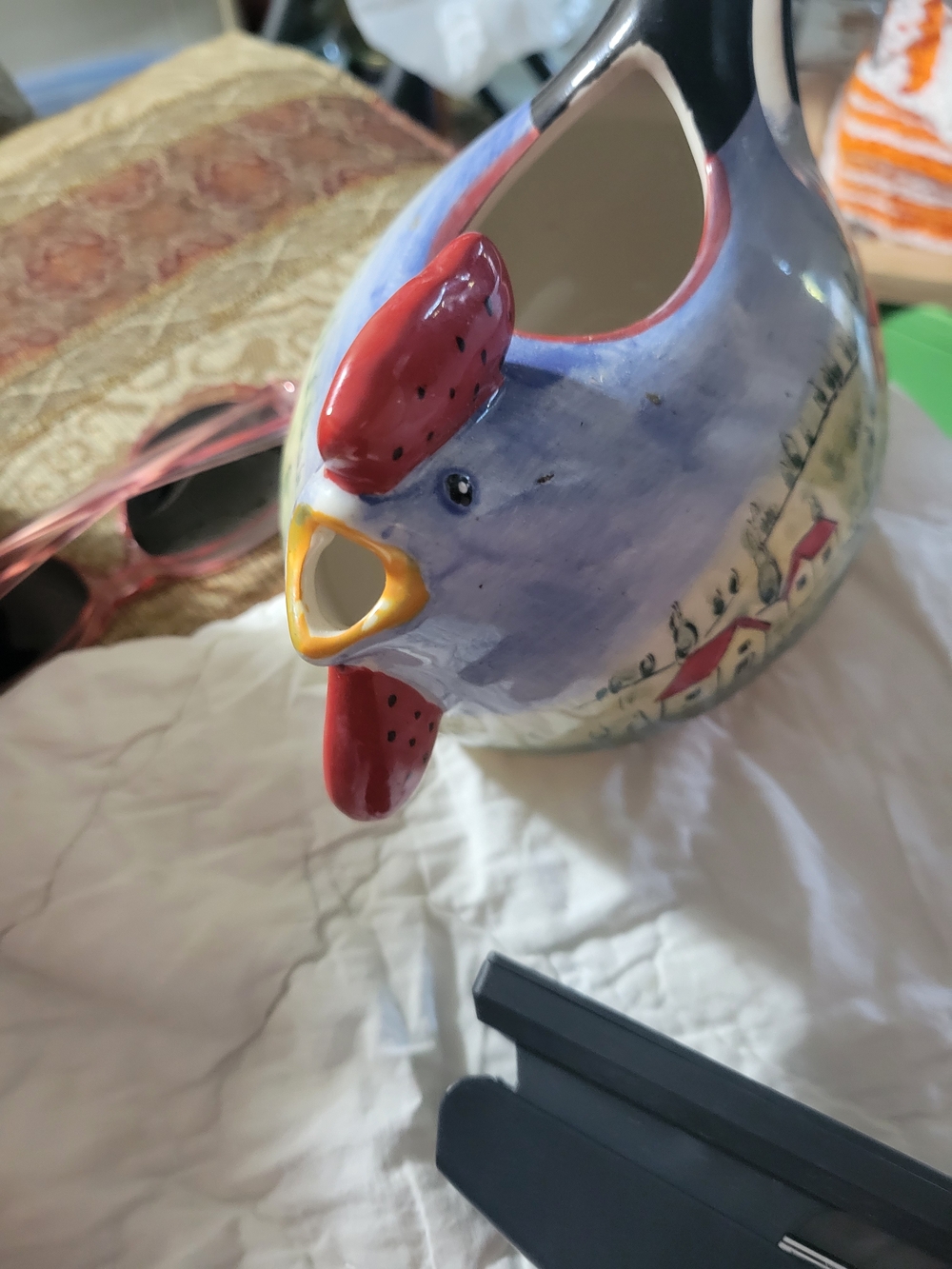 Hand-Painted Ceramic Chicken Fish Tank Ornament - Blue and Red